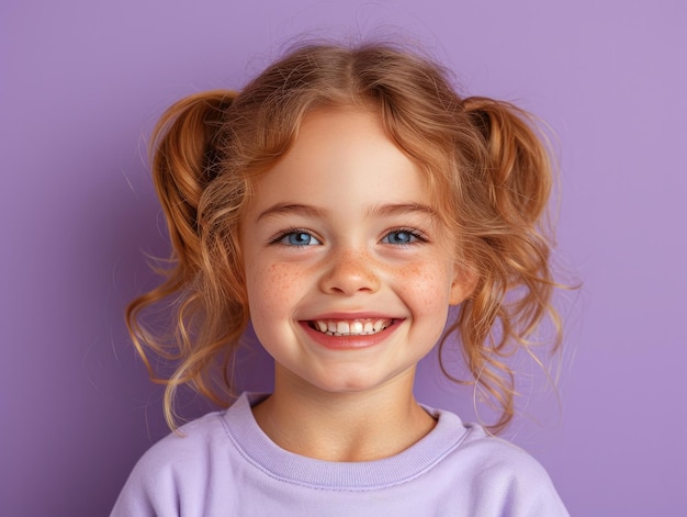 pequeña chica caucásica con una sudadera colorida en un estudio de fotos profesional de fondo colorido