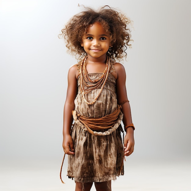 Pequeña chica étnica de Papúa en ropa nacional vintage retro de Papúa Nueva Guinea retrato en primer plano