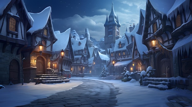 Pequena cidade de contos de fadas Noite de inverno com neve Ficção