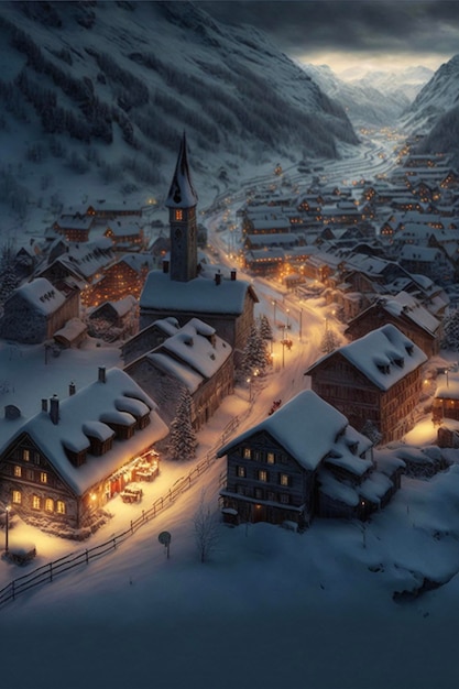 Pequena cidade no meio de uma montanha de neve generativa ai