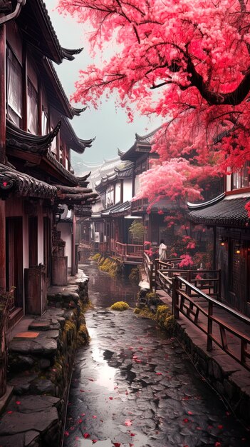 una pequeña ciudad con un puente y un árbol con un fondo rojo