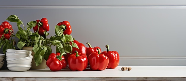 Pequeña cocina blanca con pimienta roja en la mesa