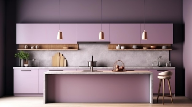 Pequeña cocina limpia y brillante con cocina púrpura cocina moderna interior de color que bloquea el lila