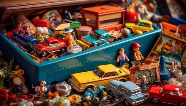 Foto pequena coleção de carros de brinquedo estatuetas multicoloridas lembranças lúdicas de infância geradas por ia