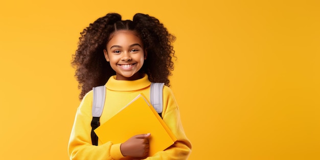 Pequeña colegiala afroamericana sonriente en un fondo amarillo septiembre y el comienzo del nuevo año escolar