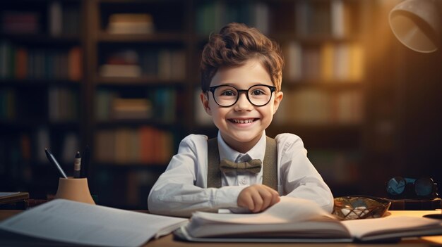 Pequeña colegiala sonriendo mientras se sienta frente a un libro contra un fondo de estante de libros Creado con tecnología de IA generativa