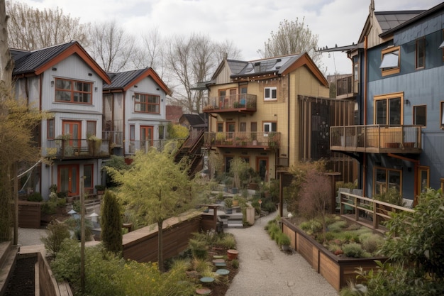 Una pequeña comunidad de casas con jardines comunales y áreas comunes creadas con ai generativa