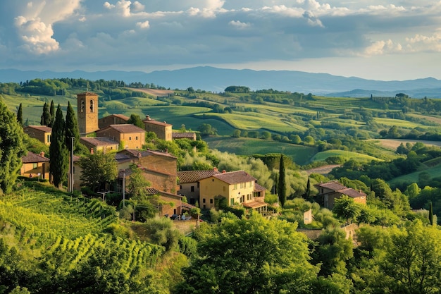 Una pequeña comunidad enclavada en una colina rodeada por un denso bosque de árboles un pintoresco pueblo enclavado en las colinas onduladas de la Toscana generada por la IA