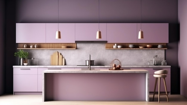 Pequena cozinha limpa e brilhante com cozinha roxa interior de cozinha moderna cor de bloqueio lila