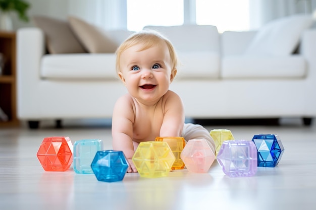 Foto pequena criança caucasiana feliz brincando com cubos coloridos em casa