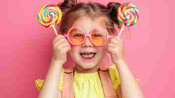 Foto pequena dentinha doce menina adorável cobrindo os olhos com dois pirulitos coloridos fundo panorâmico rosa