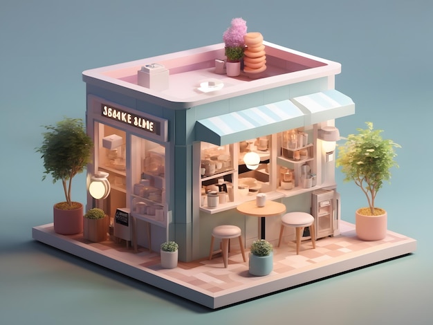 Pequena e fofa renderização 3d isométrica Coffee Shop