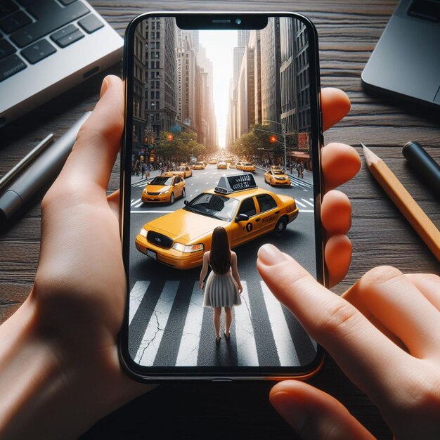 Foto pequena escala de tempo de dia cena de trânsito da cidade mulher parar táxi em uma tela de smartphone livro aplicativo de táxi