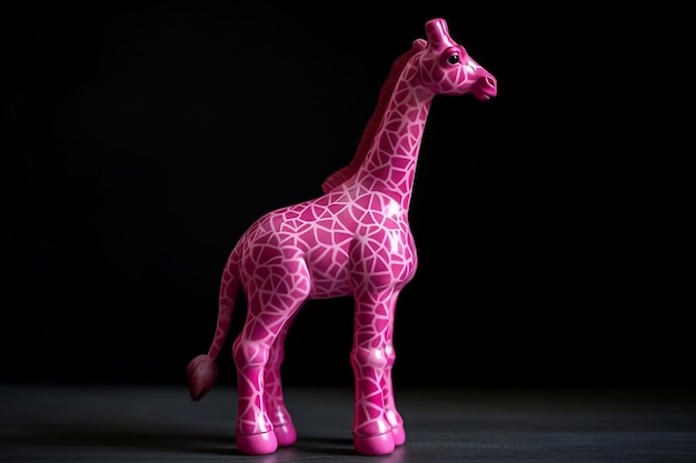 Pequena estátua de girafa rosa em fundo preto
