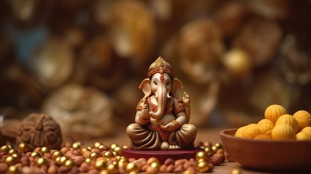 Una pequeña estatua de una figura de ganesh se sienta en una mesa con un plato de frutas y nueces en el fondo.