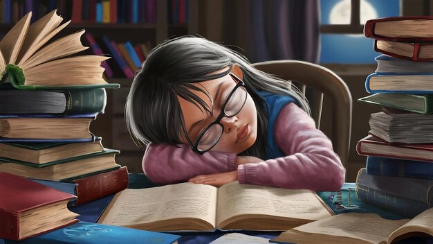 Foto una pequeña estudiante cansada está sentada en una mesa con una pila de libros