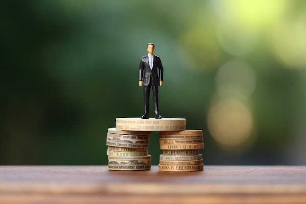 una pequeña figura de un hombre con traje se alza sobre una pila de monedas.