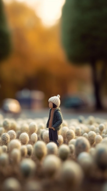 Una pequeña figura de juguete de una persona de pie en un campo de ovejas blancas.