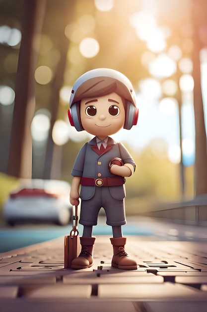 Una pequeña figura de un niño con auriculares y una bolsa en la cabeza.