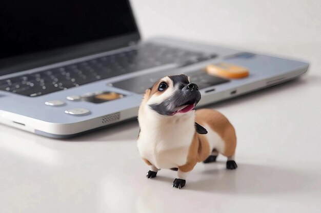 Una pequeña figura de perro está junto a una computadora portátil.