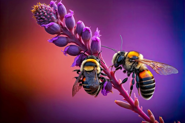 Pequeña flor de abeja morada en el tallo y abeja sentada sobre ellos