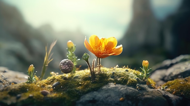 Una pequeña flor amarilla crece sobre una roca cubierta de musgo.