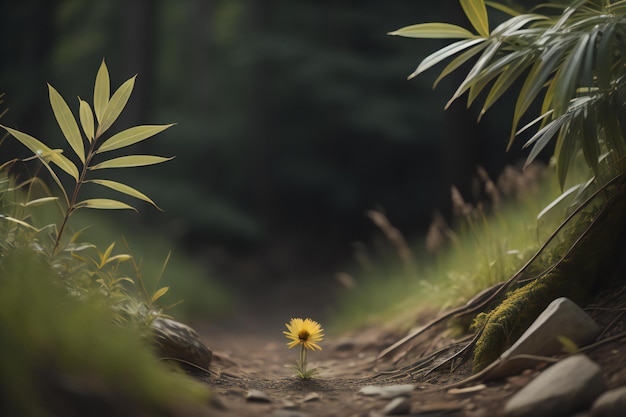 Foto una pequeña flor amarilla en medio de un sendero del bosque por la mañana generativa ai