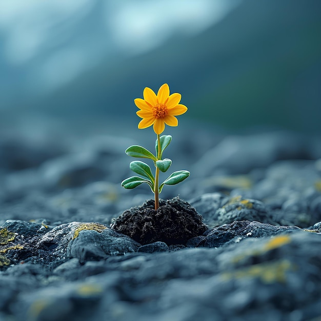 Una pequeña flor amarilla que crece en una zona rocosa