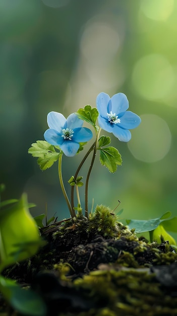 una pequeña flor azul con la palabra " salvaje " en ella