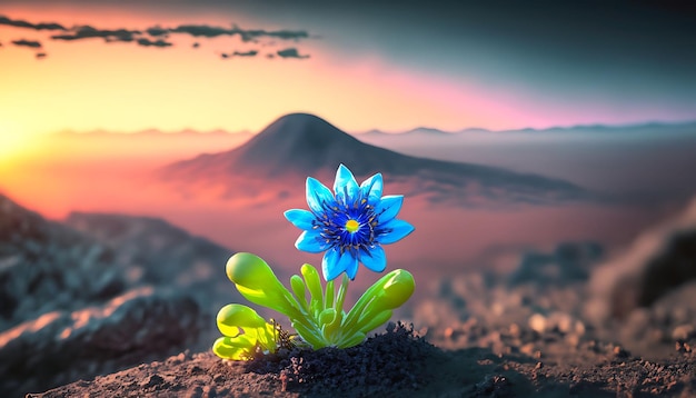 Una pequeña flor azul que brota en el borde de una montaña de Marte Generada por IA