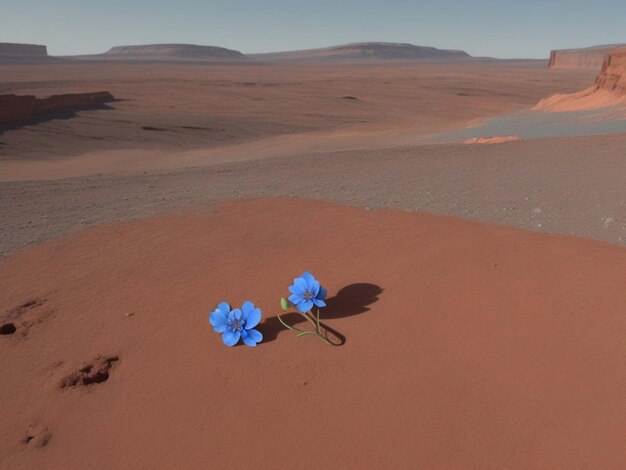 Una pequeña flor azul que brota en el borde de una montaña de Marte.