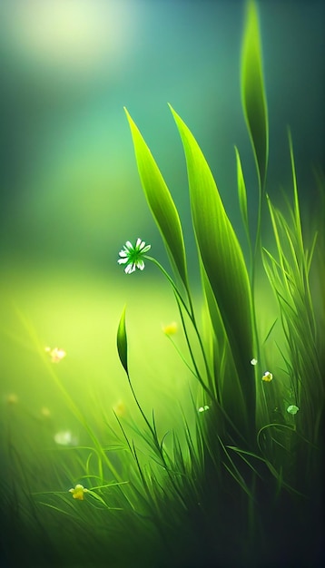 Foto pequeña flor blanca que se sienta encima de un campo verde exuberante ai generativo