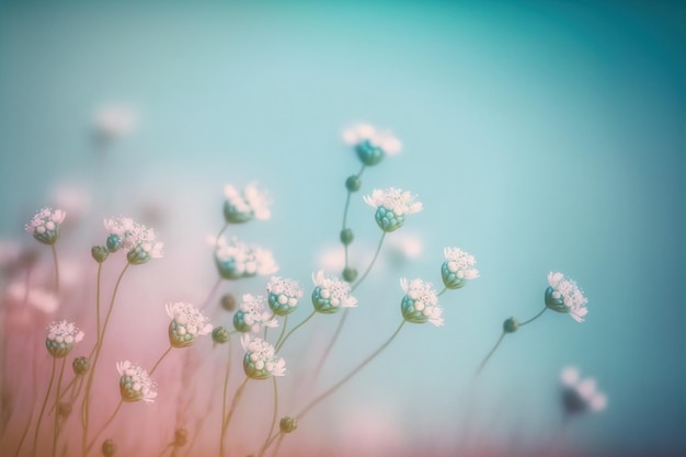 Pequeña flor blanca con suaves colores azul y rosa para el fondo de primavera