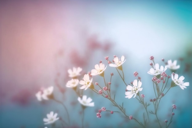 Pequeña flor blanca con suaves colores azul y rosa para el fondo de primavera