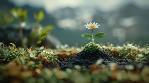 Pequena flor branca em um monte de terra