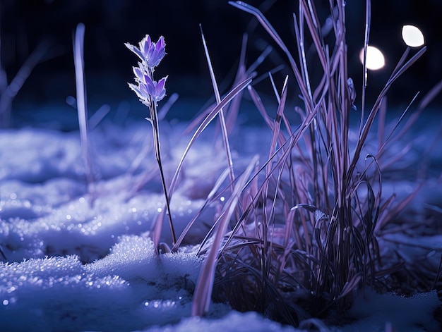 una pequeña flor está en la nieve con la nieve en ella
