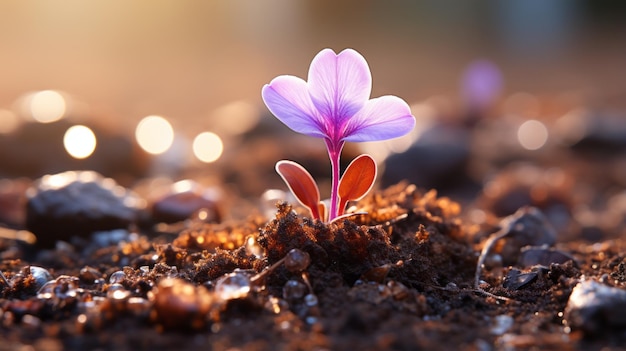 una pequeña flor morada crece en el suelo