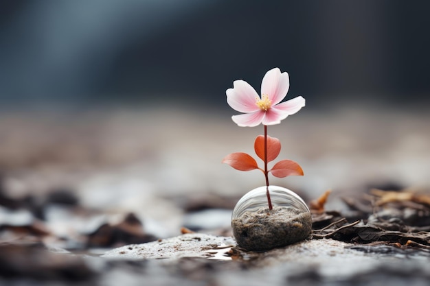 una pequeña flor rosa crece en una roca