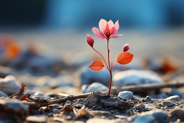 una pequeña flor rosada crece en el suelo