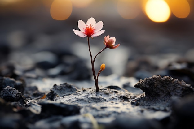 una pequeña flor rosada crece en el suelo