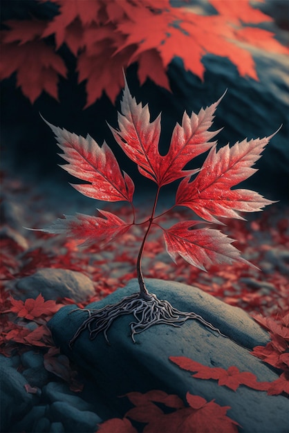 Pequena folha vermelha sentada em cima de uma rocha generativa ai