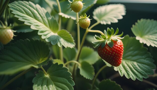 Pequeña fresa verde creciendo en una planta