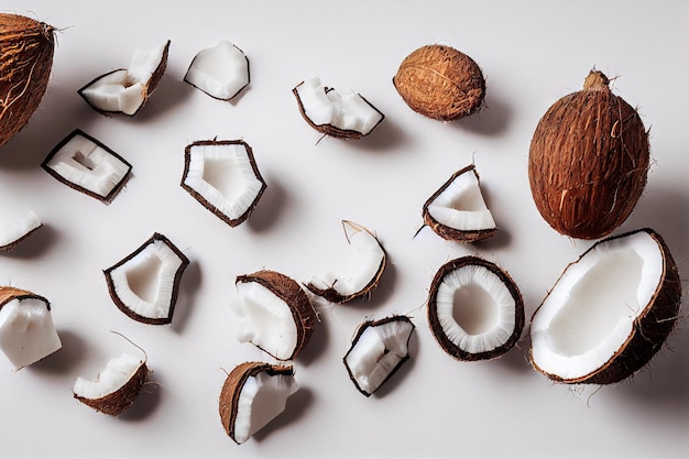 Pequeña fruta de coco agrietada sobre fondo blanco