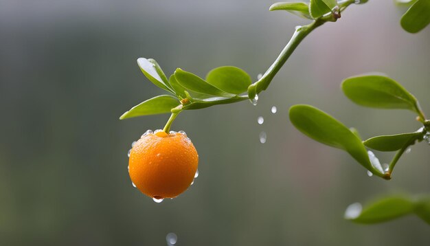 una pequeña fruta de naranja está cubierta de agua con una hoja verde