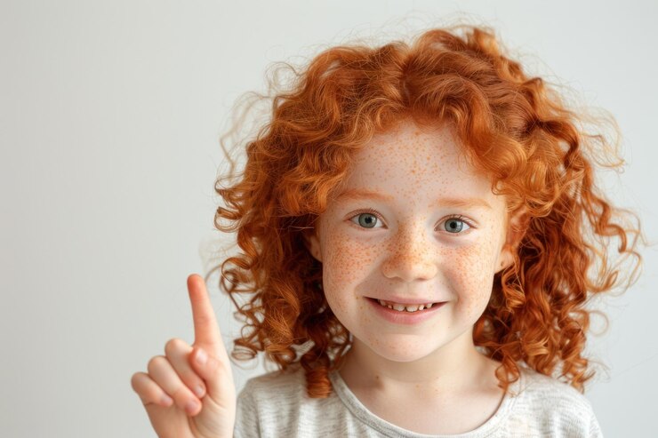 Foto pequena garota de cabelo rizado vermelho com sardas aponta o dedo