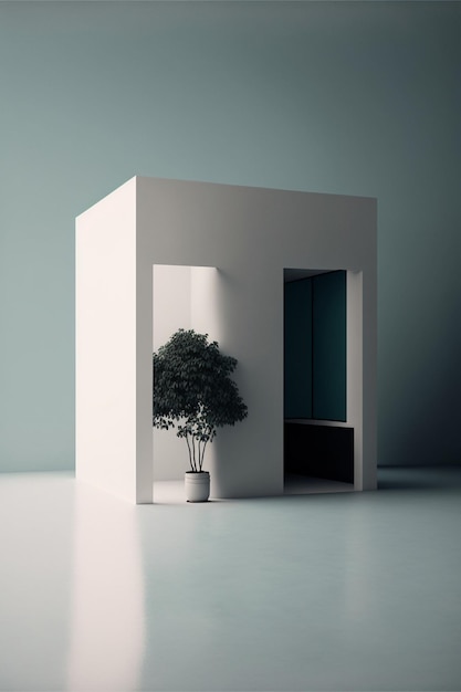 Pequeña habitación blanca con un ai generativo de árbol en maceta.