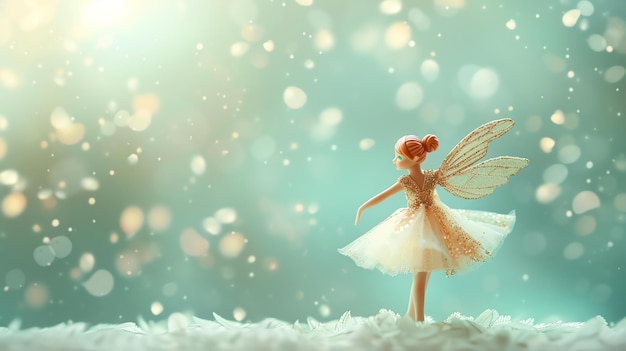 Foto la pequeña hada con alas doradas está bailando en los copos de nieve.