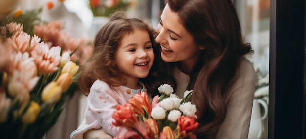 la pequeña hija sostiene bonitas flores para su asombrada y alegre madre encantadora