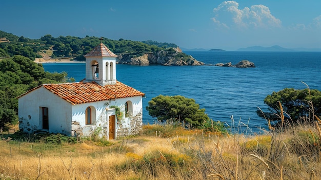 Pequeña iglesia blanca en la colina junto al océano