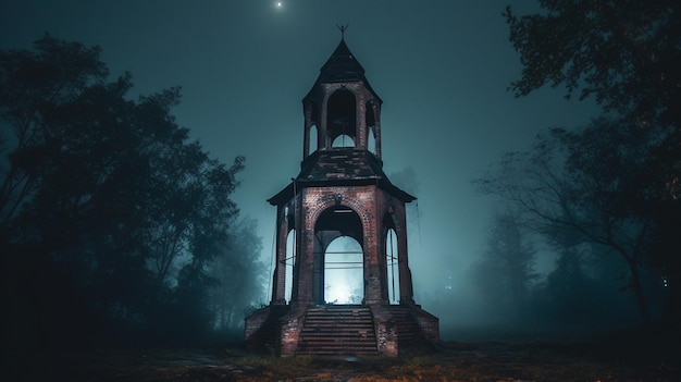 Una pequeña iglesia en un bosque con una luna al fondo.